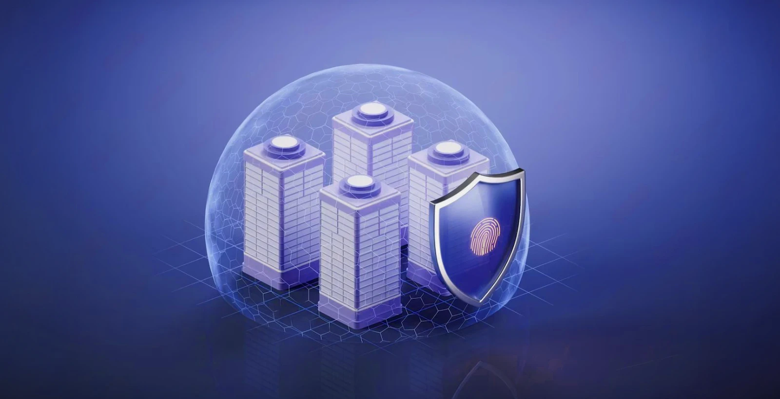 Blue-orange themed fingerprint shield and office buildings inside digital dome, representing secure enterprise design in security architecture