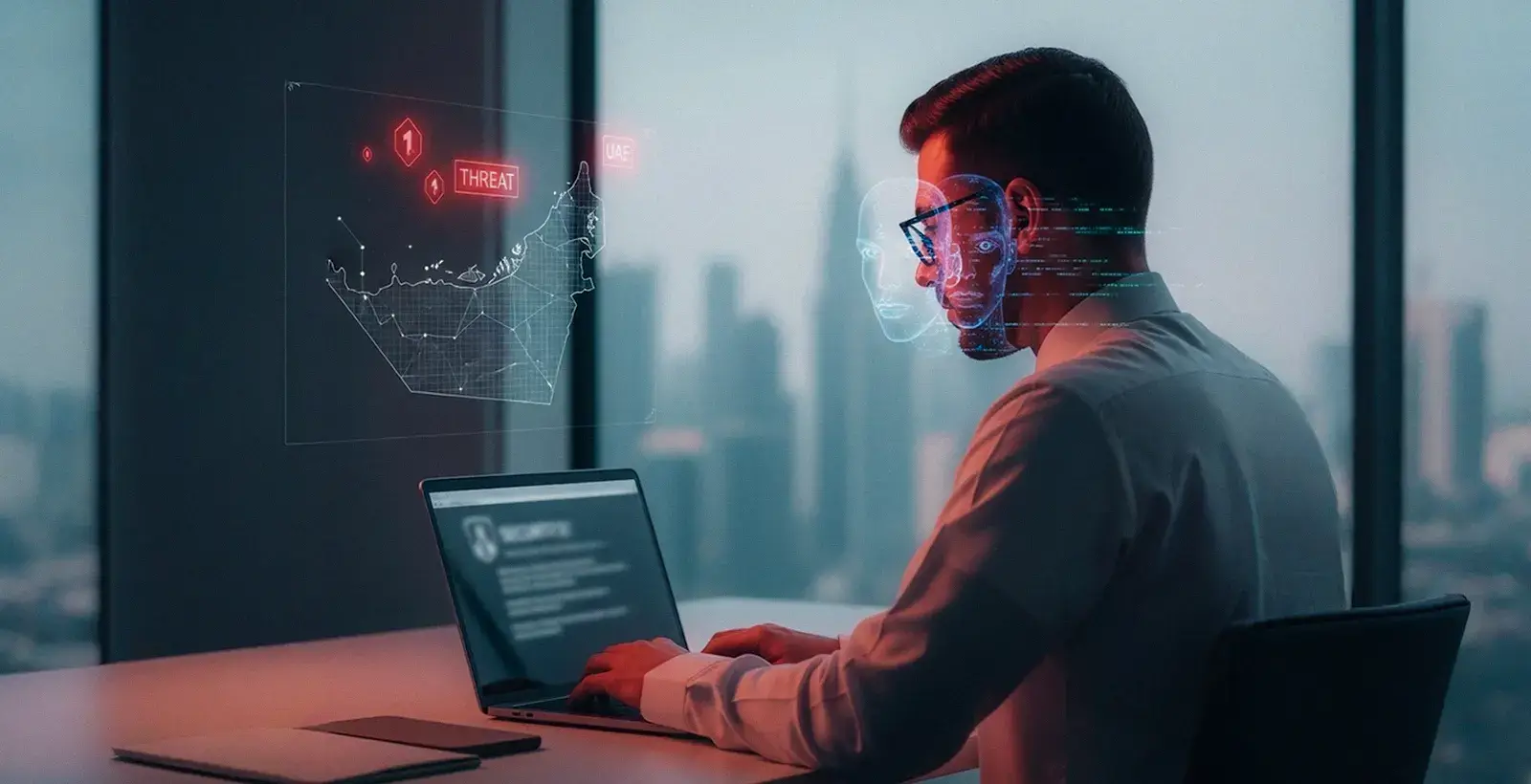 Realistic office scene showing a professional working on a laptop with cyber threat indicators, deepfake visuals, and UAE map in the background — representing AI-driven cyberattacks, ransomware, and digital security challenges in the UAE.