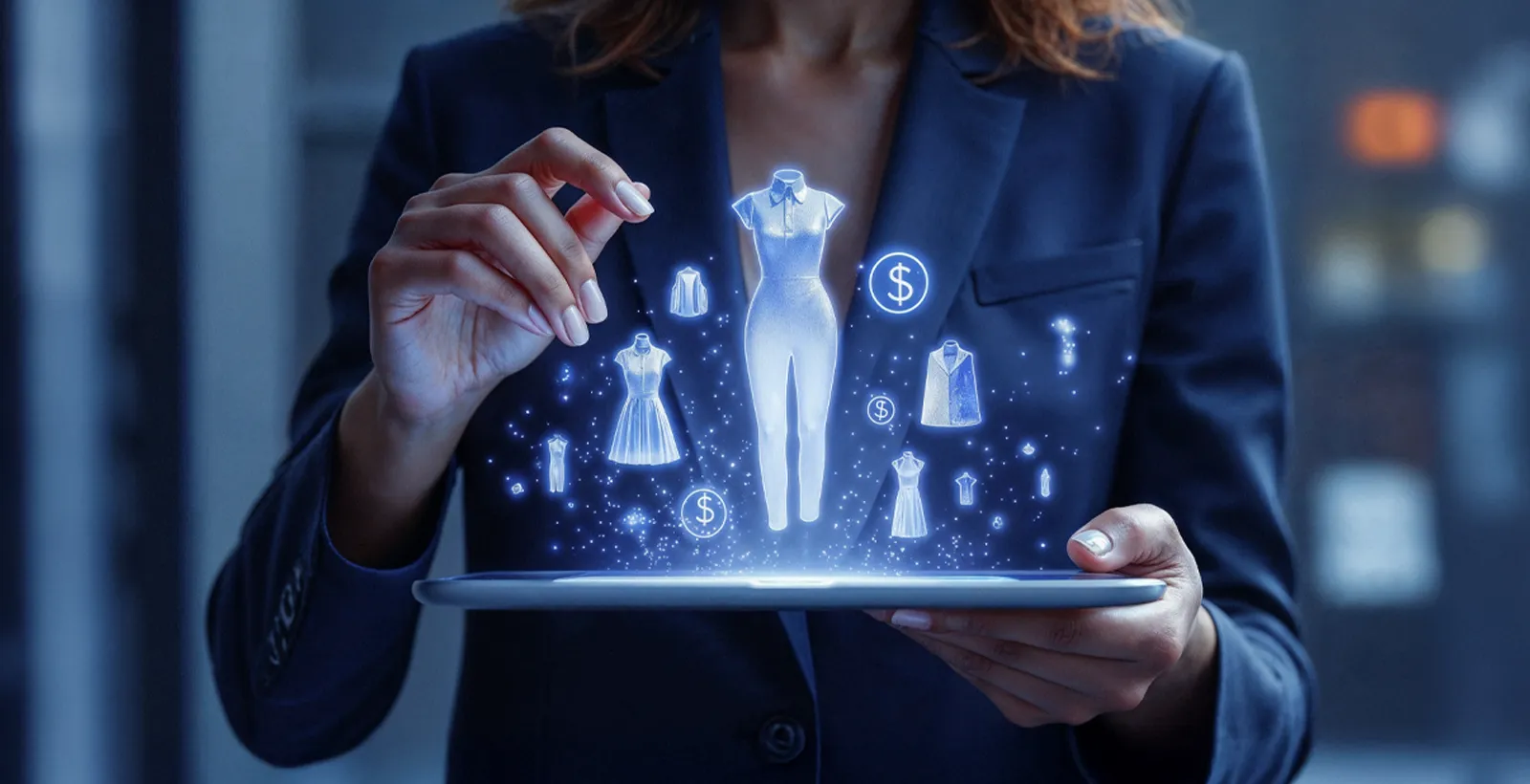 A woman in a business suit interacting with a holographic online shopping interface on a tablet, showcasing digital clothing items and dollar icons—featured image for a blog titled “Data Privacy in E-commerce