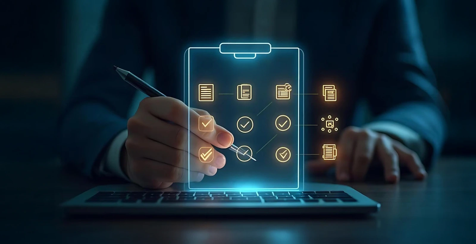 Business professional reviewing digital policy checklist on laptop, symbolizing implementation of GDPR compliance framework