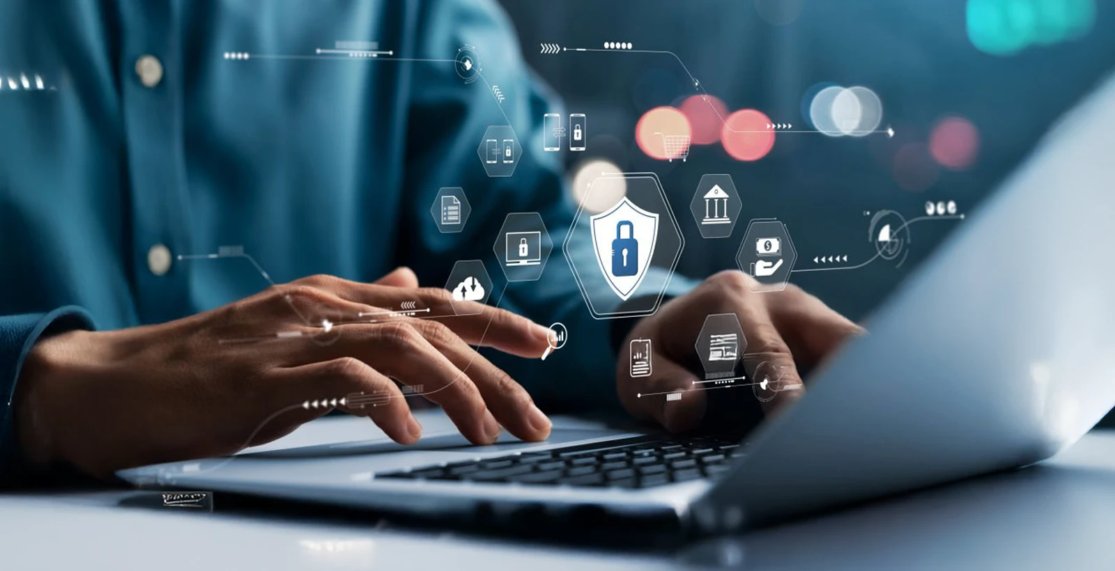 Man typing on laptop with digital icons representing social media and a data privacy lock overlay, highlighting data protection in online platforms