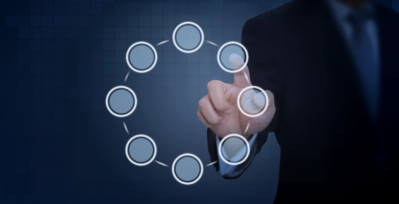 Businessman pressing a circular interface element on a digital screen, symbolizing decision-making for selecting a penetration testing provider