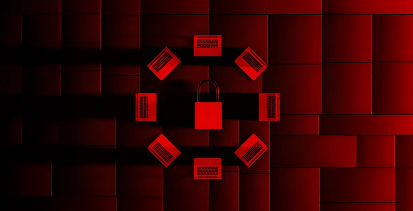 Red padlock surrounded by laptops on a dark background, symbolizing black box penetration testing and the attacker’s perspective in cybersecurity