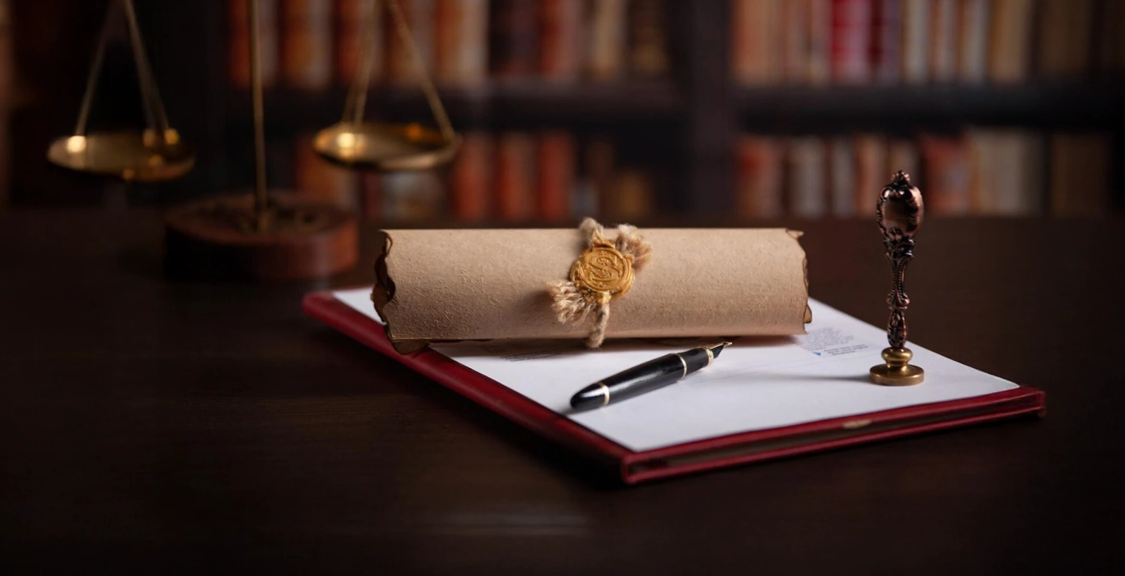 Legal document scroll sealed with wax, pen, and scales of justice on a desk, symbolizing compliance, certification, and budgeting for HITRUST certification in India