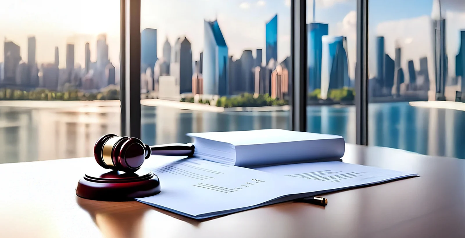 Gavel and compliance documents on an office desk with a Dubai city skyline view, symbolizing SOC 2 compliance services.