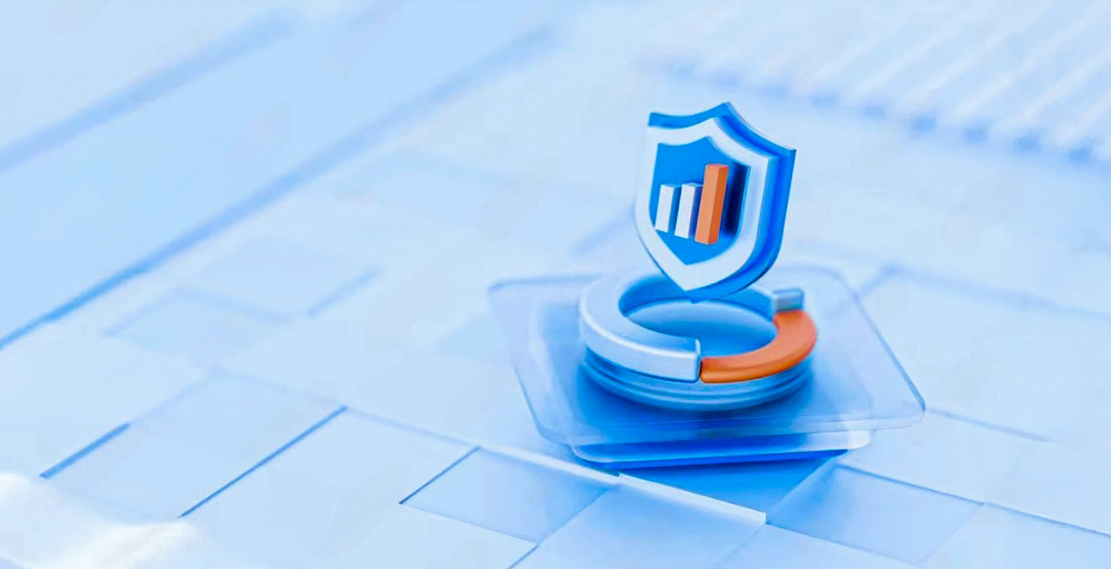 3D illustration of a cybersecurity shield icon containing a bar chart with one orange bar and two light blue bars, placed on a circular stand split into orange and light blue segments, set against a light blue digital background
