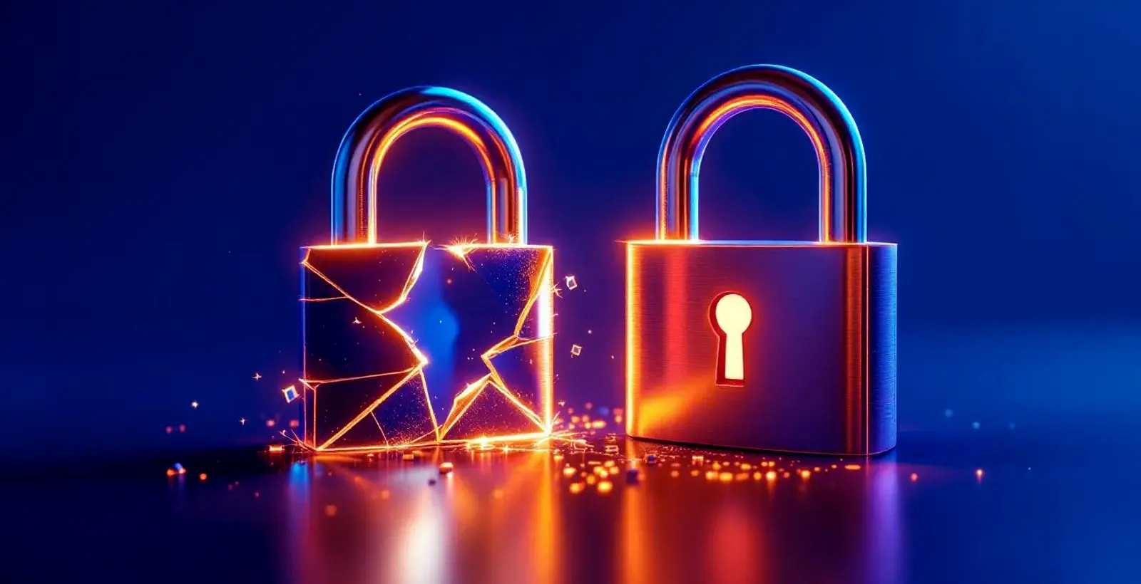 Two padlocks, one on the left is broken and rusty, while the one on the right is shiny and new. The image represents the before-and-after of a security remediation process.