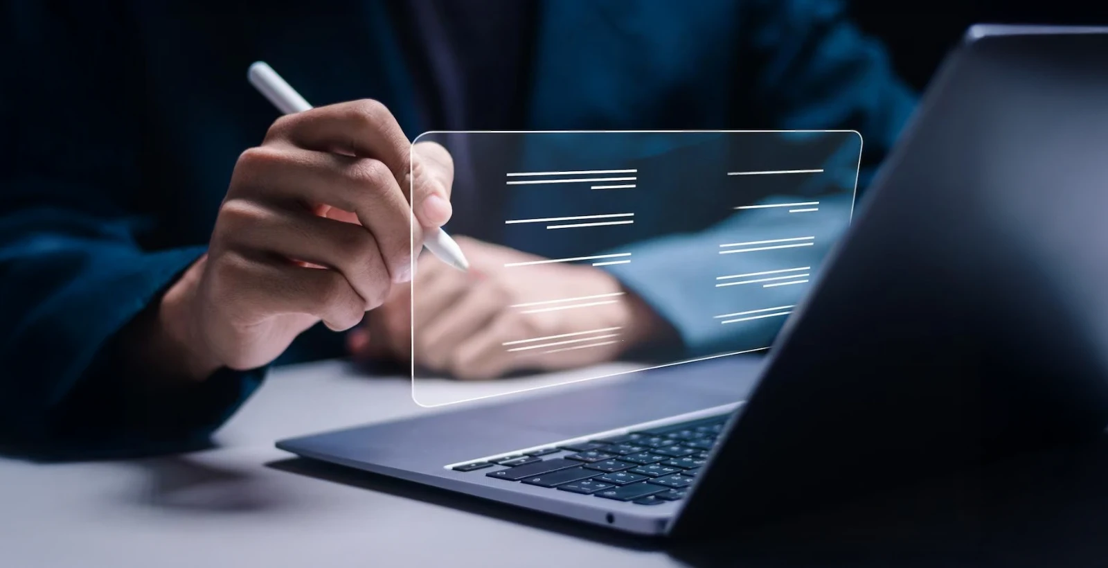 Business professional using a digital checklist on a laptop for SOC 2 requirements