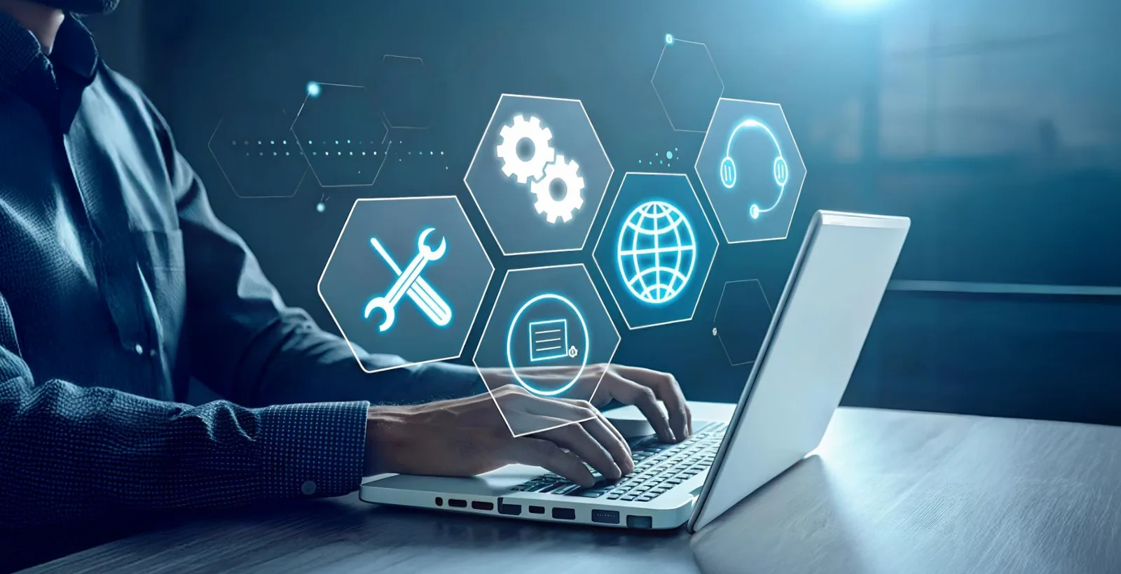 Business professional typing on a laptop with digital icons representing cybersecurity, IT services, and global connectivity - concept of CISO as a Service pricing
