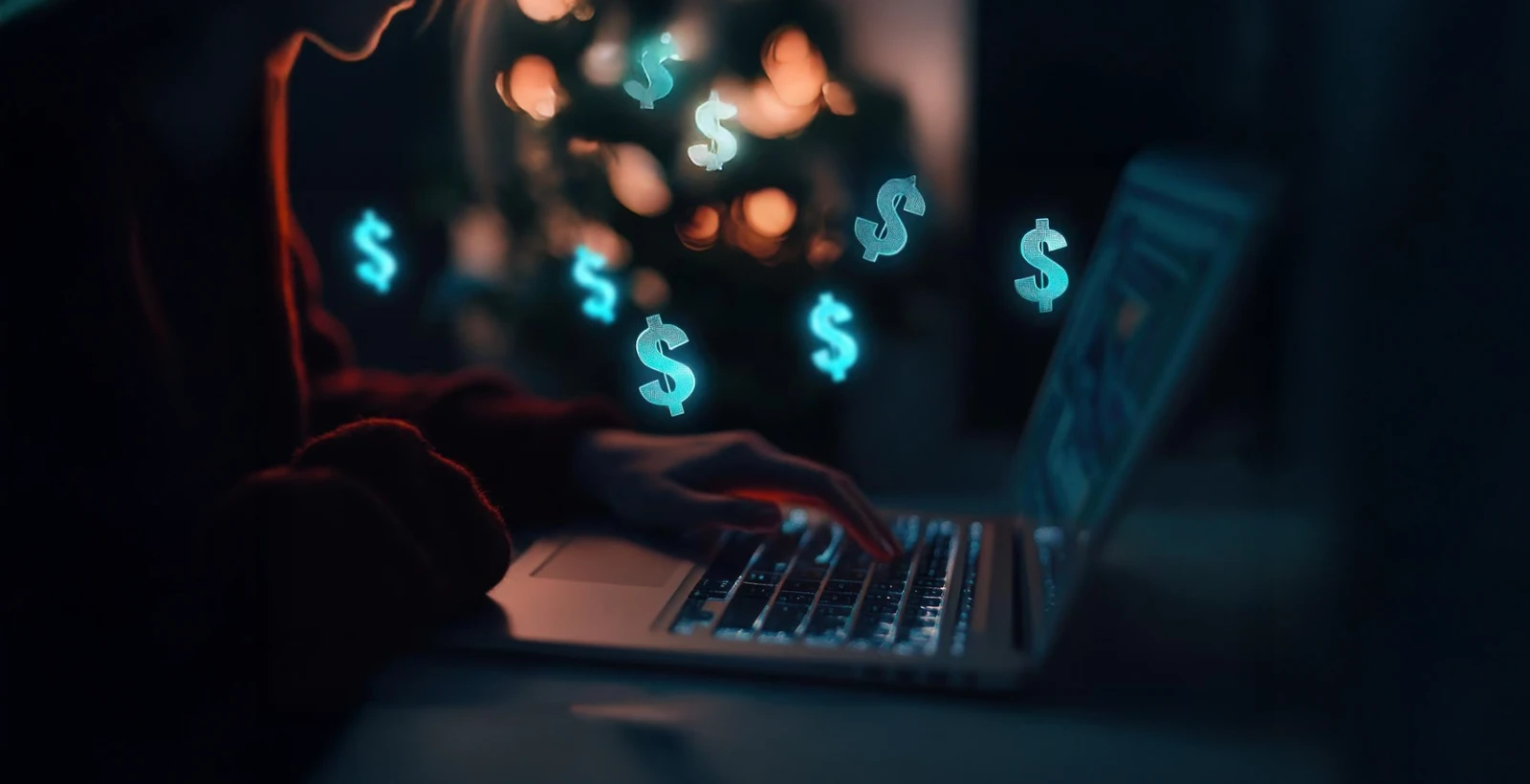 Person working on a laptop with glowing dollar signs representing the cost of hiring a virtual CISO-global price analysis concept
