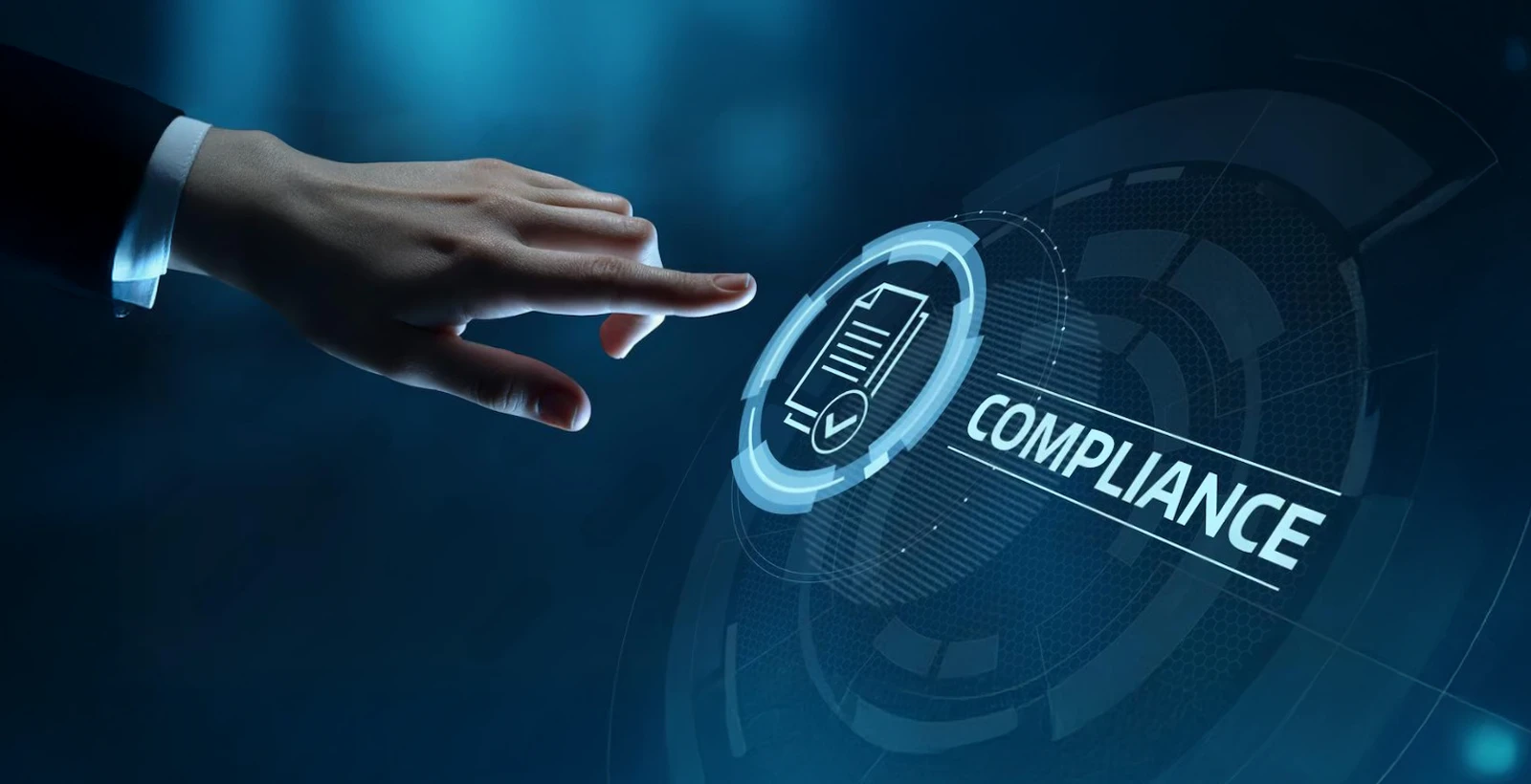 Business professional pointing at a digital interface displaying a compliance icon and the word 'Compliance', symbolizing SOC 2 compliance consulting and guidance from consultants