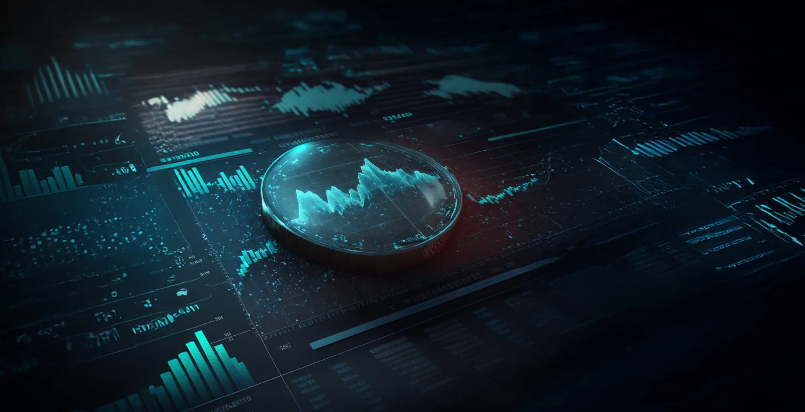 Digital visualization of data charts and graphs under a magnifying glass, symbolizing SOC 2 gap analysis to identify compliance gaps before an audit