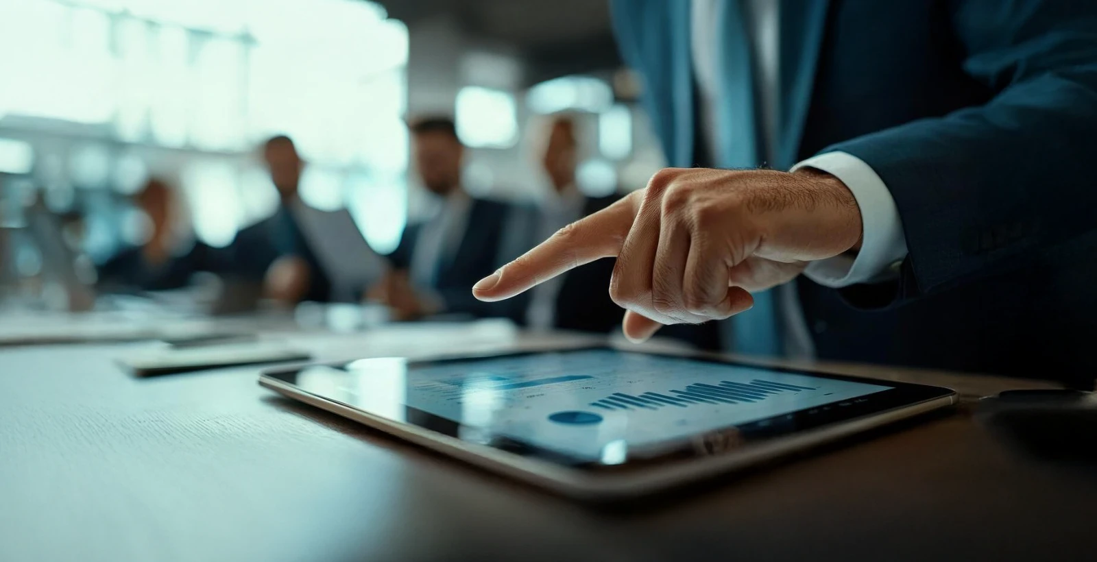 Business professional using a tablet with data charts during a meeting, representing Virtual CISO services that strengthen organizational security posture