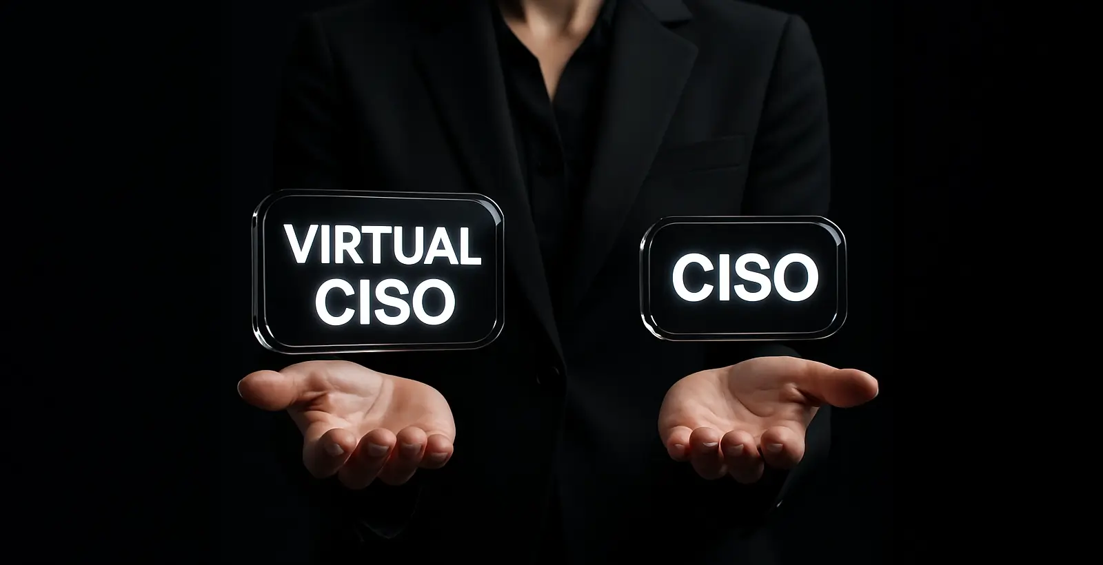 Image comparing Virtual Chief Information Security Officer (vCISO) and traditional Chief Information Security Officer (CISO) roles, highlighting differences in cost, flexibility, engagement, and scope of cybersecurity leadership for businesses.