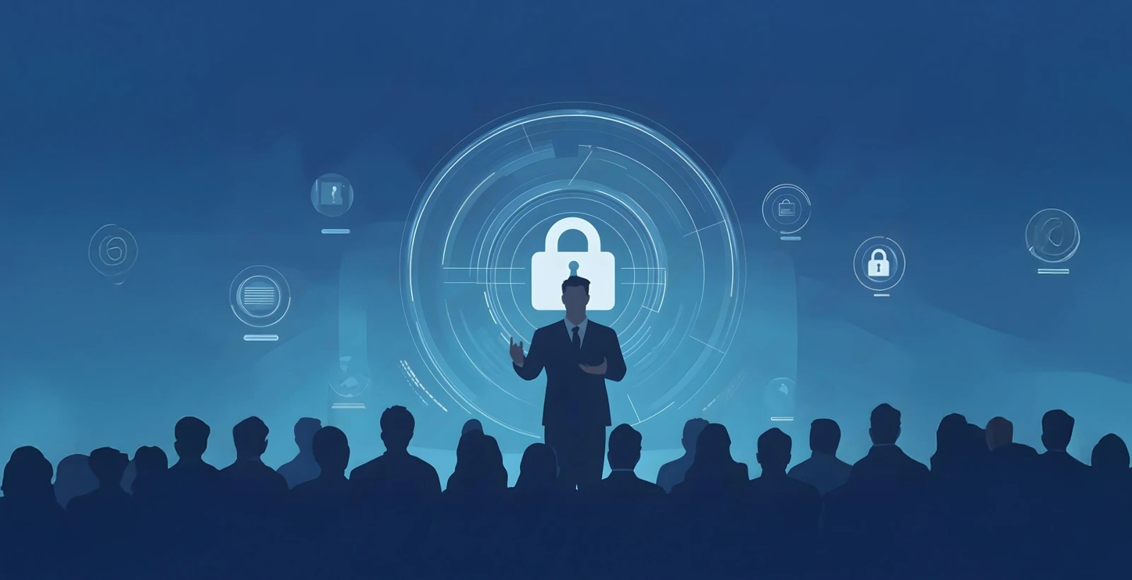 Silhouette of a cybersecurity leader presenting to an audience with a digital lock icon and futuristic security interface, representing CISO as a Service in modern cybersecurity leadership.