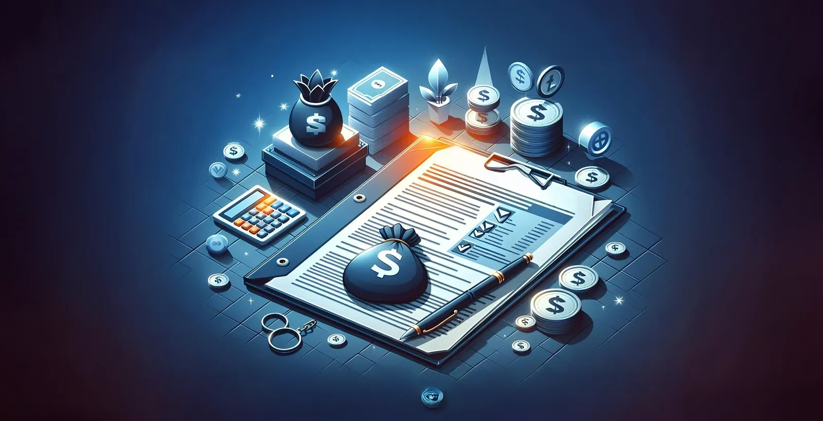 Illustration of financial planning with documents, coins, and money bags, symbolizing the cost breakdown and budgeting process for achieving PCI DSS compliance