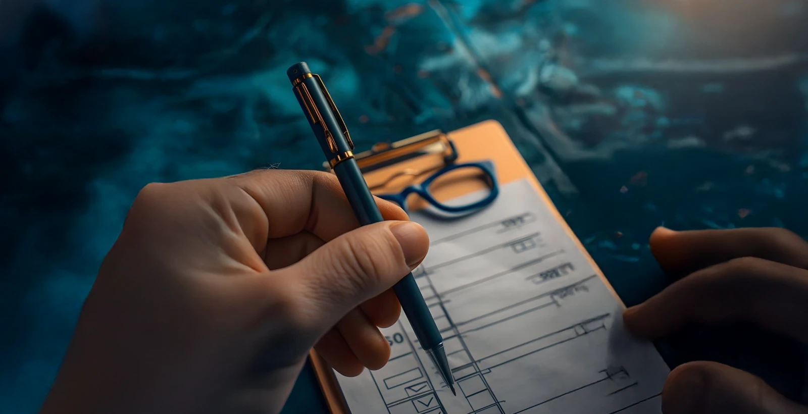 Close-up of a person holding a pen and checklist on a clipboard, symbolizing preparation steps for a PCI DSS audit
