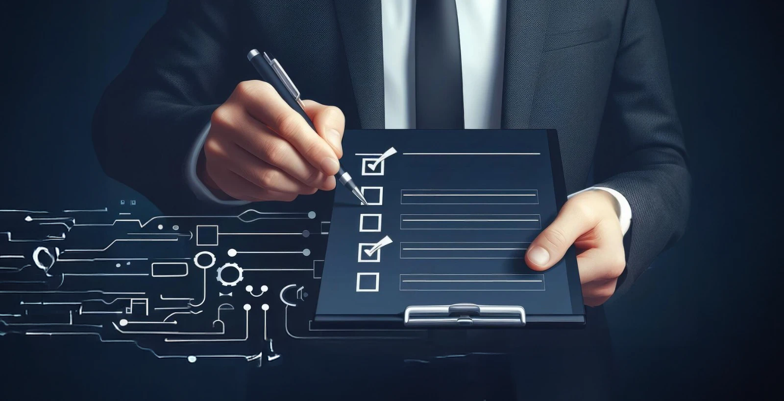 Business professional holding a checklist clipboard with marked boxes, symbolizing the process of understanding and completing different PCI DSS Self-Assessment Questionnaire (SAQ) types for merchants and service providers