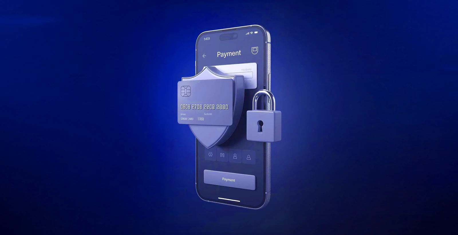 3D illustration of a smartphone with a credit card, shield, and padlock symbolizing secure digital payments and the role of a Qualified Security Assessor (QSA) in ensuring PCI DSS compliance