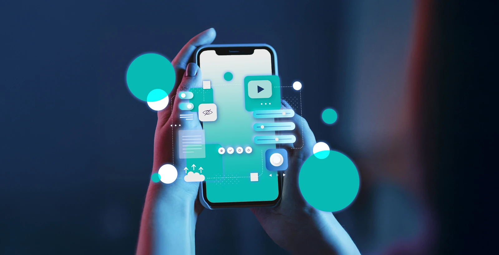 Person holding a smartphone with digital security icons and app interface graphics, representing mobile application penetration testing for iOS and Android apps