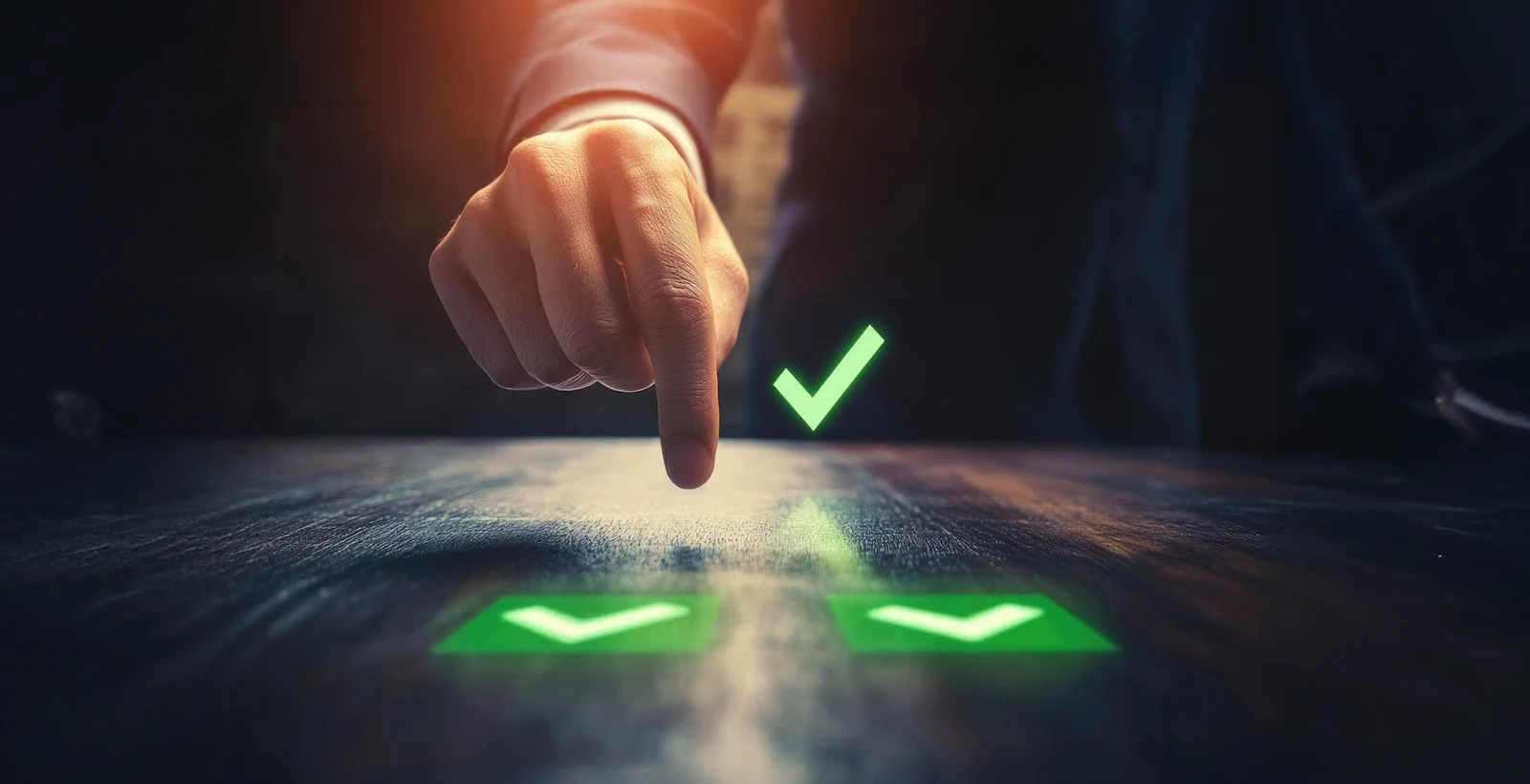 Hand selecting a glowing green checkmark on a digital surface, symbolizing the process of choosing the correct PCI DSS Self-Assessment Questionnaire (SAQ) for business compliance