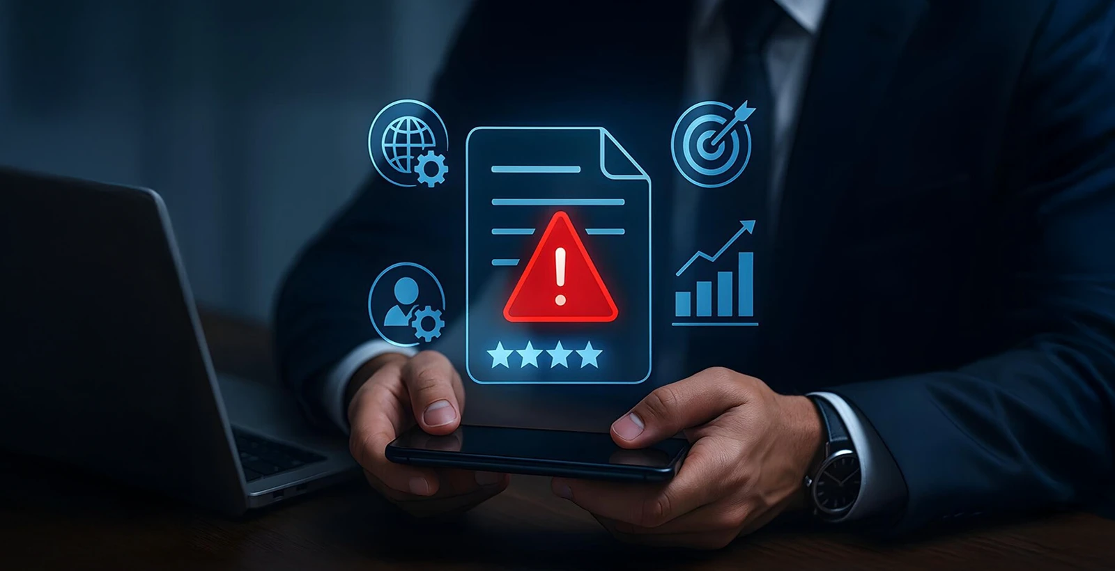Business professional holding a tablet with a digital warning symbol and data icons, representing common PCI DSS compliance mistakes and strategies to prevent them