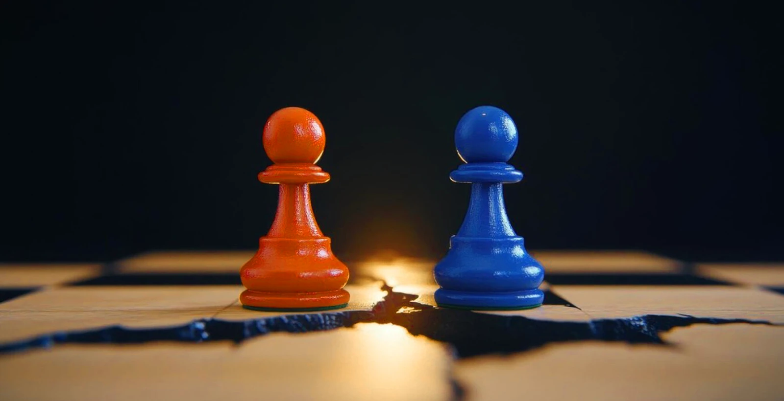 Two contrasting chess pawns, one red and one blue, standing on a chessboard split by a visible crack, symbolizing the comparison and differences between ADHICS v2 and ISO 27001 standards