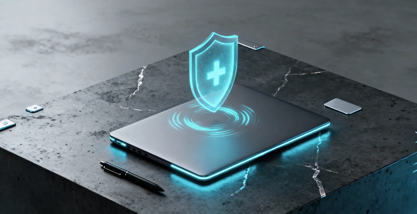 A futuristic laptop emitting a glowing blue medical shield hologram, symbolizing strong healthcare cybersecurity and privacy protection aligned with ADHICS v2 guidelines