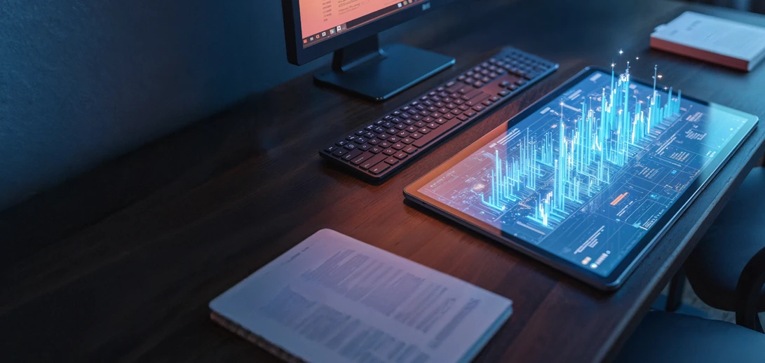 Digital dashboard on a futuristic tablet displaying data analytics, symbolizing the importance of BigID compliance for data protection and governance