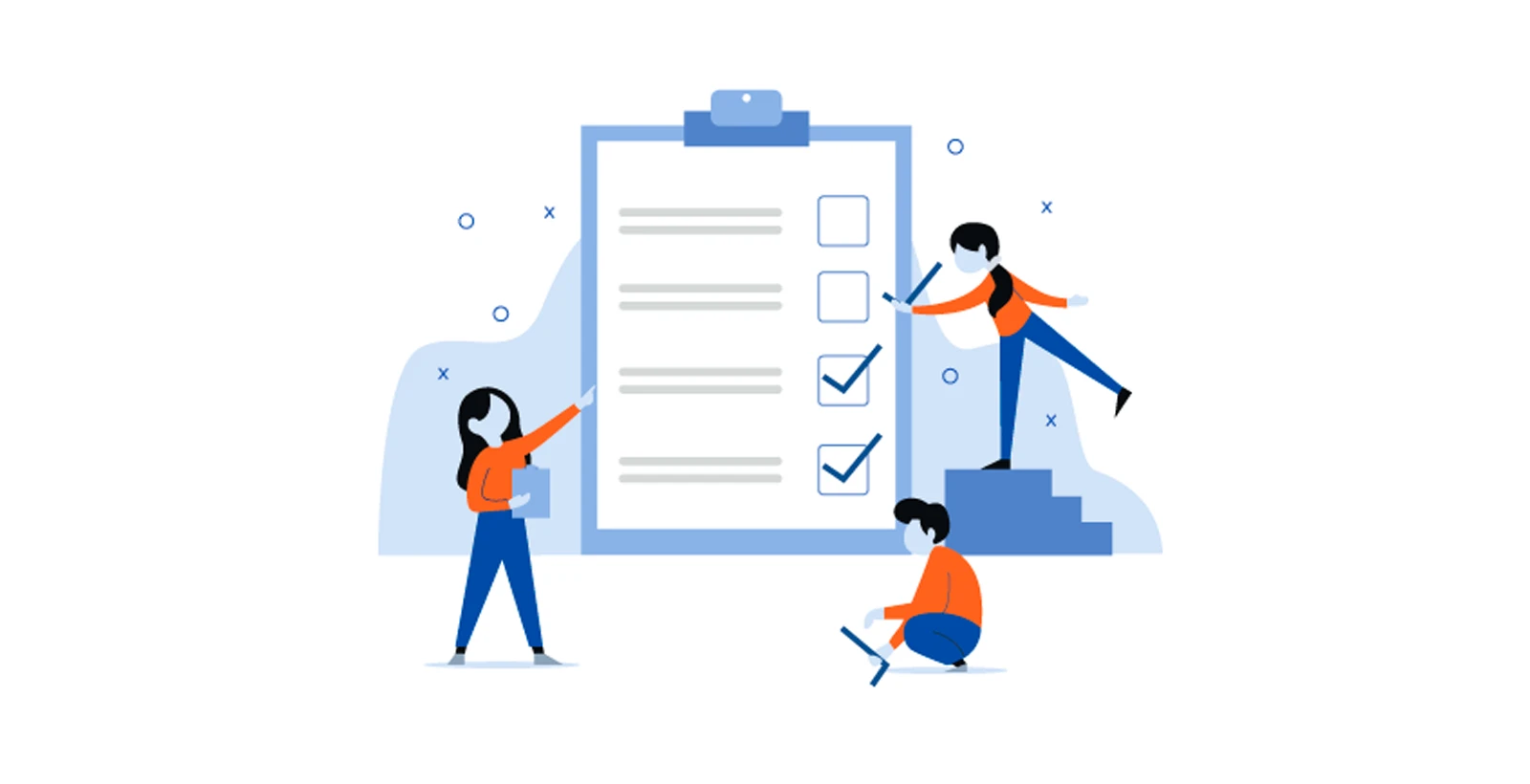 Illustration of a team reviewing and completing a compliance checklist on a clipboard, representing KSA PDPL compliance requirements for enterprises, SMEs, and startups