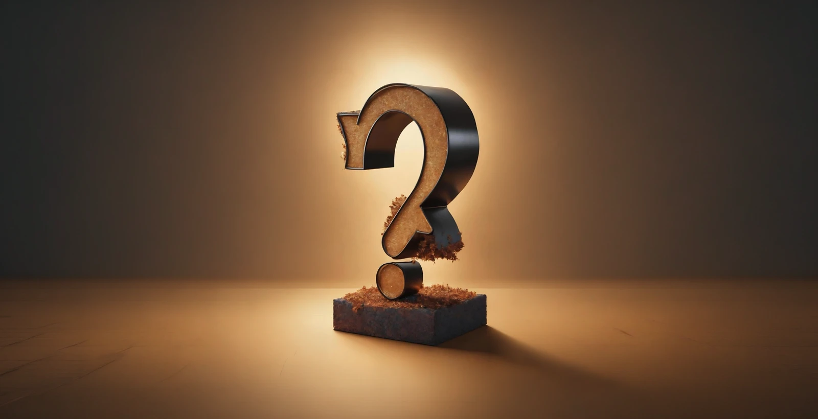 3D question mark sculpture on a pedestal with dramatic lighting, symbolizing the decision and comparison between penetration testing companies and bug bounty programs in cybersecurity strategy