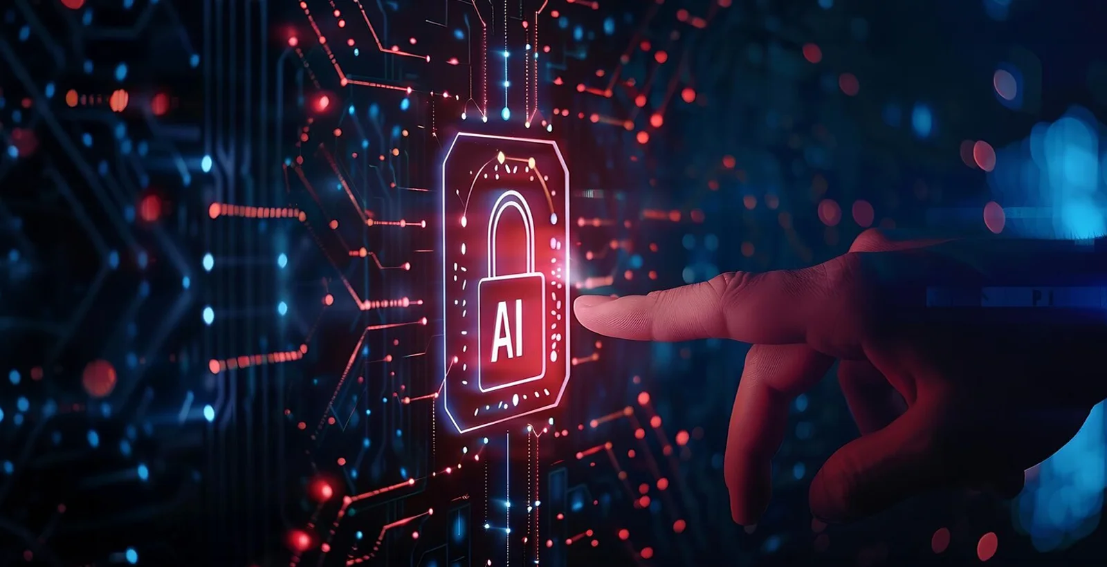Glowing AI lock icon on a digital circuit interface with a hand pointing toward it, representing the use of OWASP Top 10 for LLM in strengthening AI security testing strategies