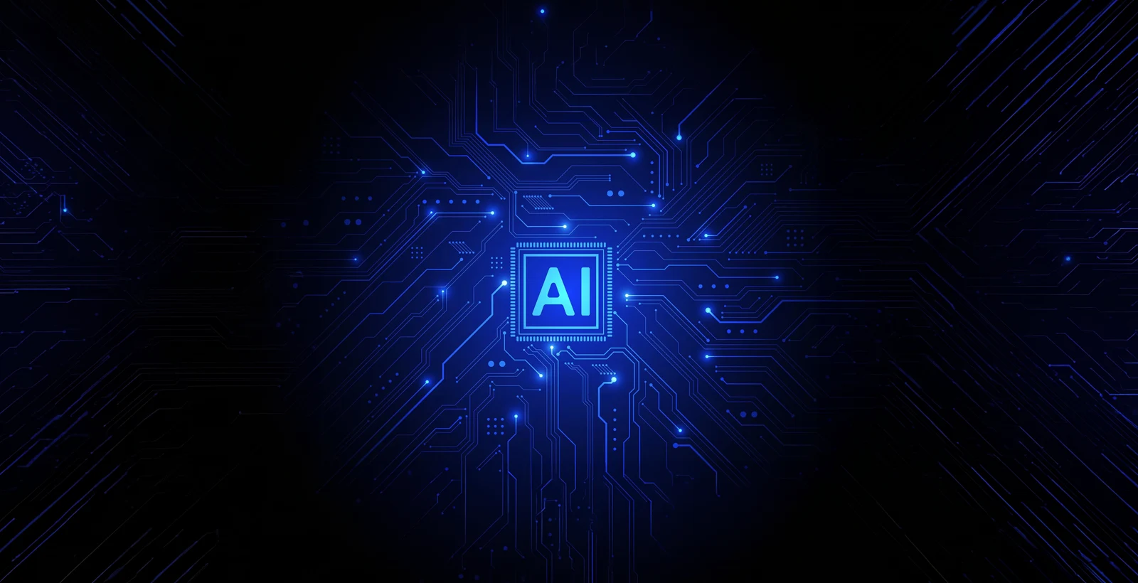 Glowing AI chip at the center of a blue digital circuit board, representing integration of ISO 42001 AI risk management into existing compliance and governance programs
