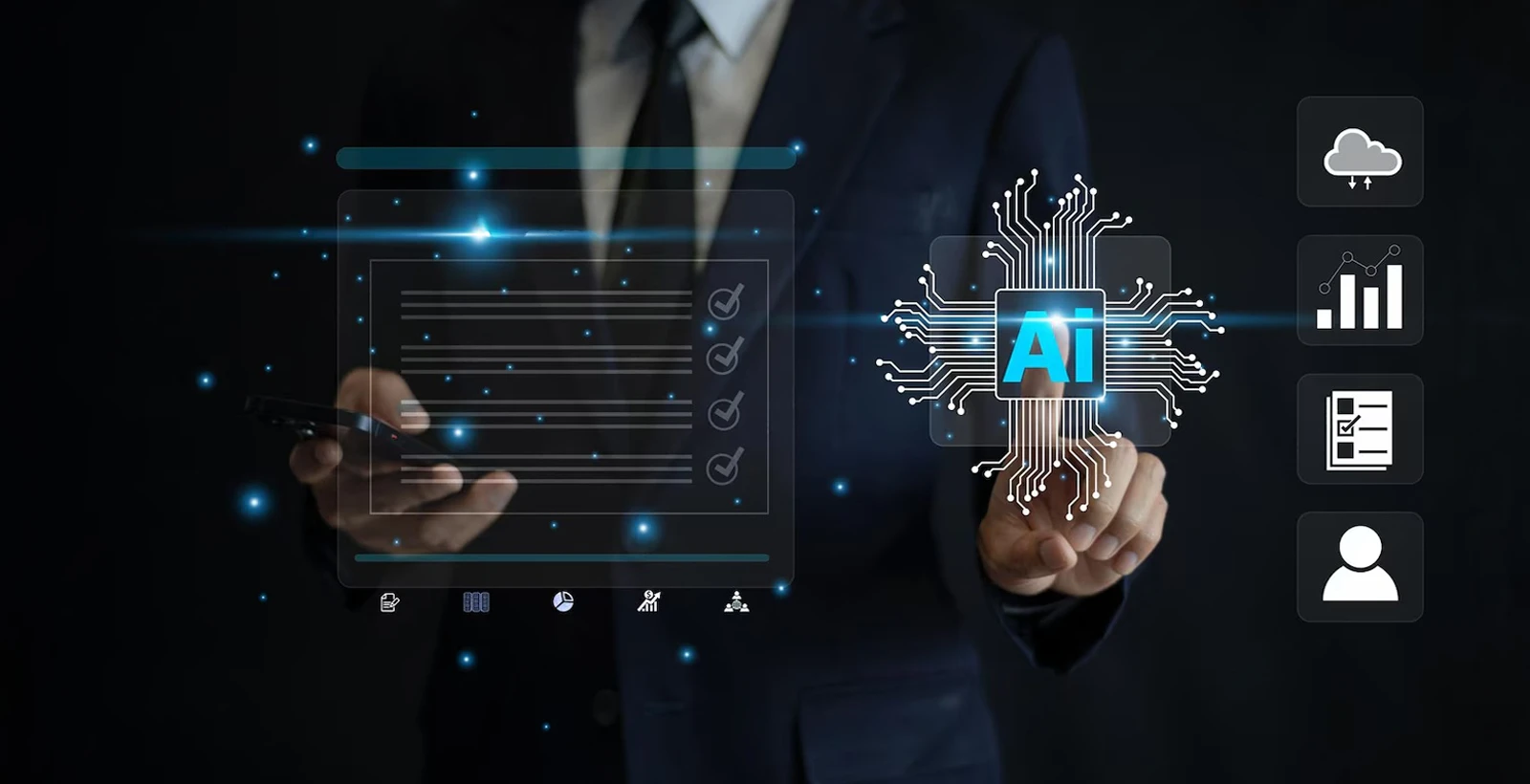 Business professional interacting with a digital AI interface and checklist dashboard, symbolizing the importance of understanding and assessing data before adopting AI in business operations