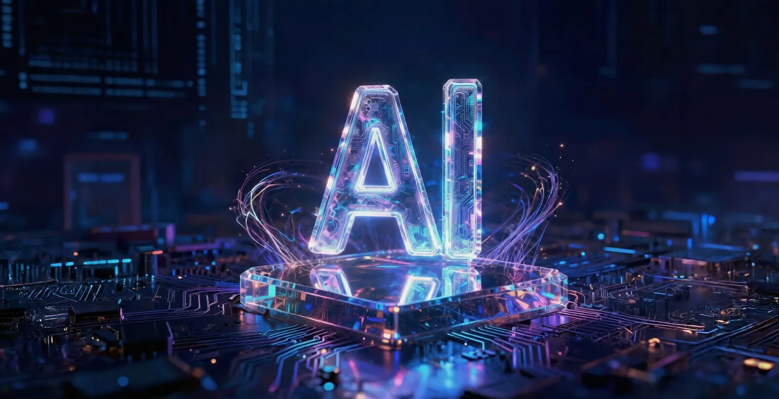 Glowing AI letters displayed on a futuristic circuit board with digital light trails, symbolizing AI model testing, bias detection, performance validation, and compliance monitoring in advanced technology systems