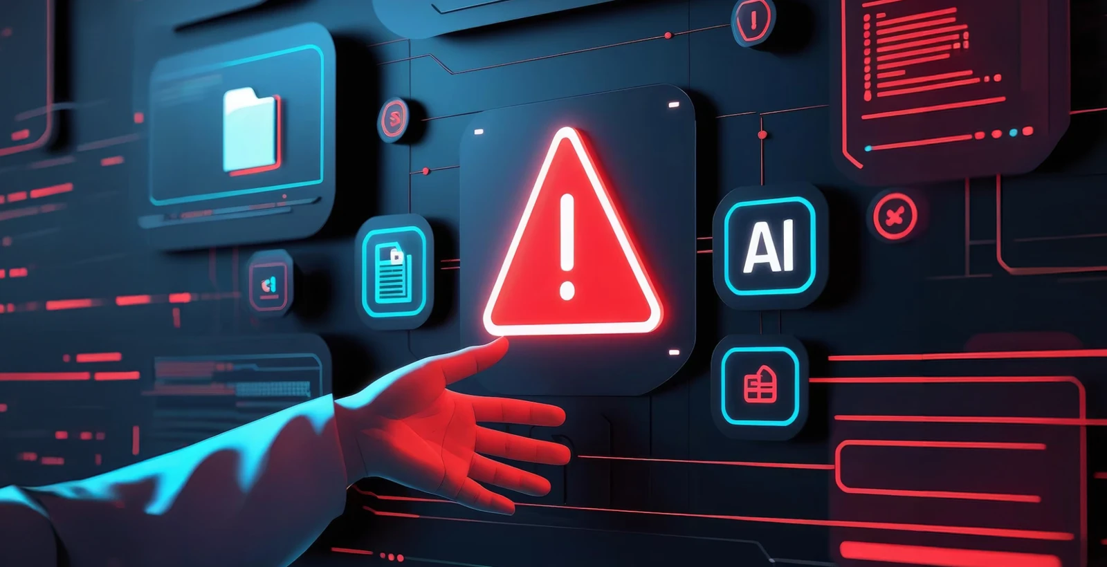 Warning alert highlighted on an AI-driven digital dashboard, showing shadow AI risks to business systems, data security, and intellectual property protection