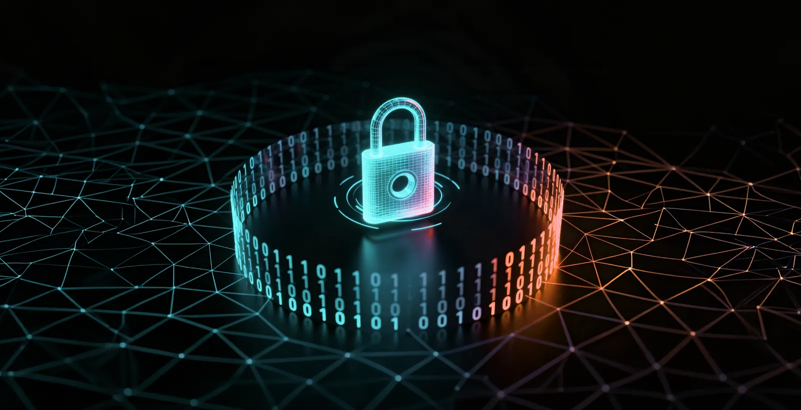 Digital padlock surrounded by binary code and network connections, representing automated secure code review using static and dynamic analysis