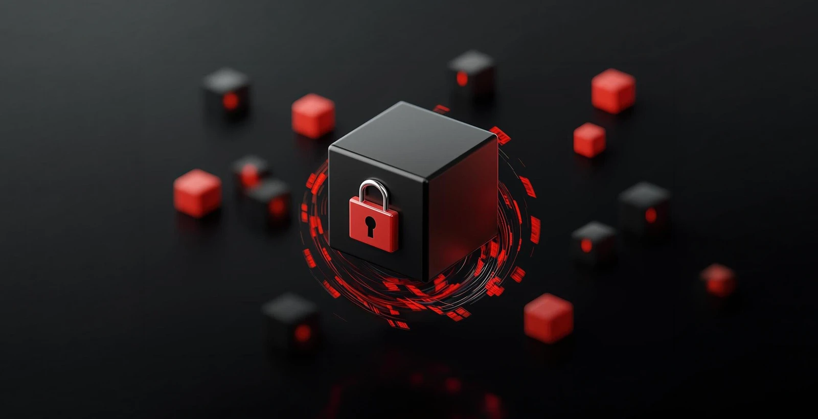 Black cube with a padlock at the center, surrounded by digital red nodes, representing black box penetration testing and security validation in zero-trust environments