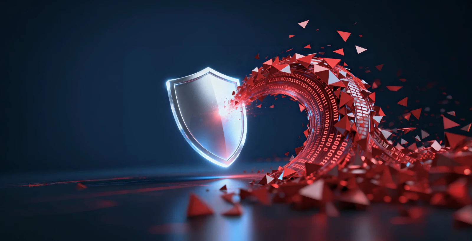 Digital shield deflecting a wave of red data fragments and code, symbolizing adversarial attack simulation and security testing for machine learning models