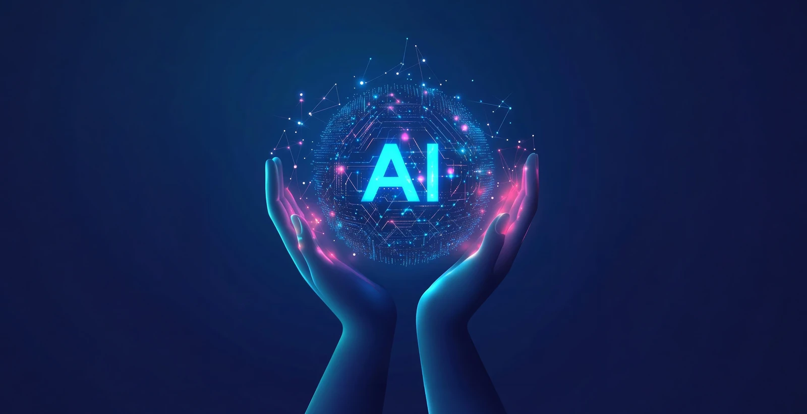 Hands holding a glowing AI sphere with digital network connections on a dark blue background, symbolizing effective incident response frameworks for AI failures and risk management in compliance teams