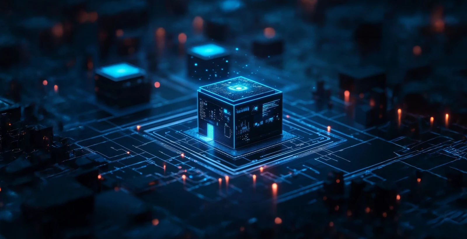 Glowing digital cube representing a containerized application within a network grid, illustrating penetration testing services for Kubernetes and containerized workloads