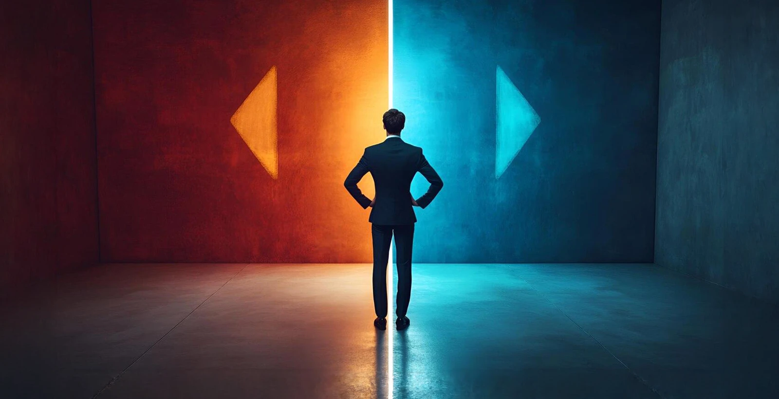Business professional standing at a split pathway with contrasting red and blue directions, symbolizing the decision between hiring a virtual Data Protection Officer (DPO) or an in-house DPO for organizational data governance