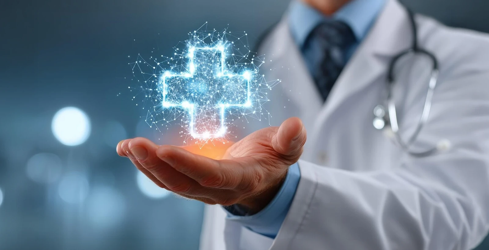 Healthcare professional holding a glowing digital medical cross, symbolizing wireless penetration testing and cybersecurity protection in healthcare environments