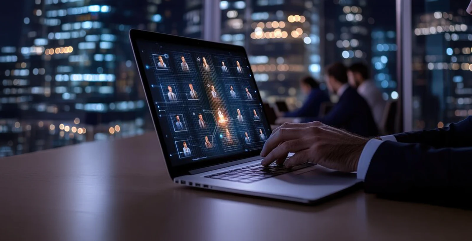 Business professional using a laptop displaying employee data analytics in an office, representing DPIA for HR analytics, employee monitoring, and workforce data management in the UAE