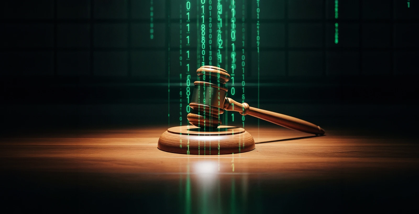 Judge’s gavel with digital code streams in a courtroom setting, representing ROPA requirements under Saudi PDPL, data governance, and legal compliance for organizations in 2026