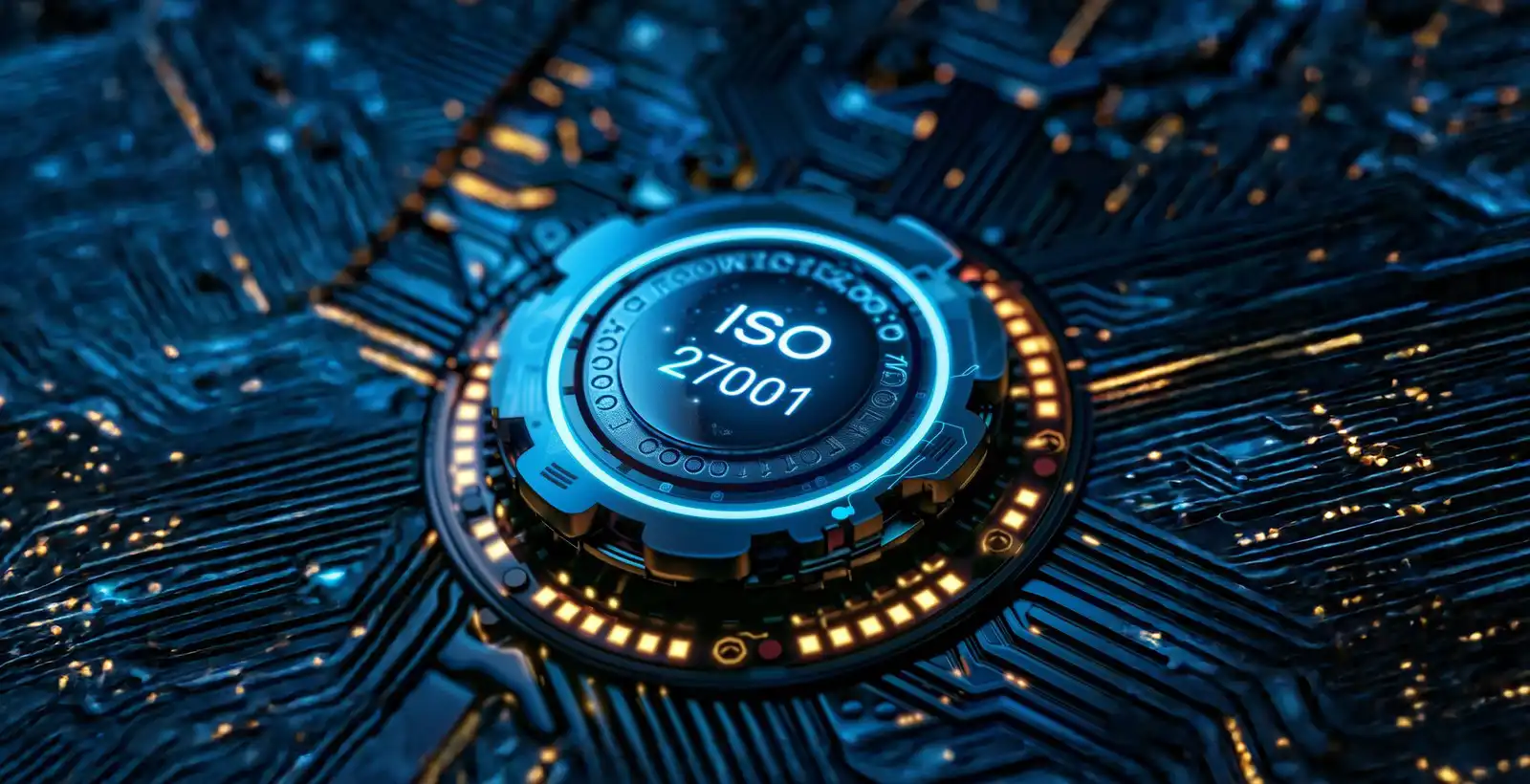 Futuristic circuit board with a glowing “ISO 27001” emblem at the center, representing modern information security standards and their continued importance in 2026