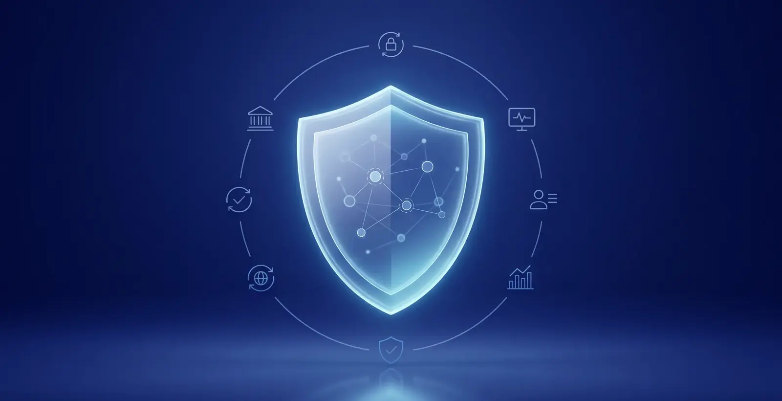 Minimal cyber resilience shield illustration representing enterprise cybersecurity, compliance, governance, monitoring, and adaptive business protection.