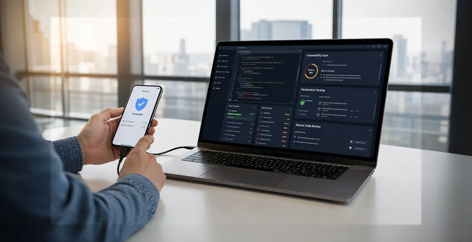 Mobile application security testing workspace with smartphone and laptop showing vulnerability scan and penetration testing dashboard