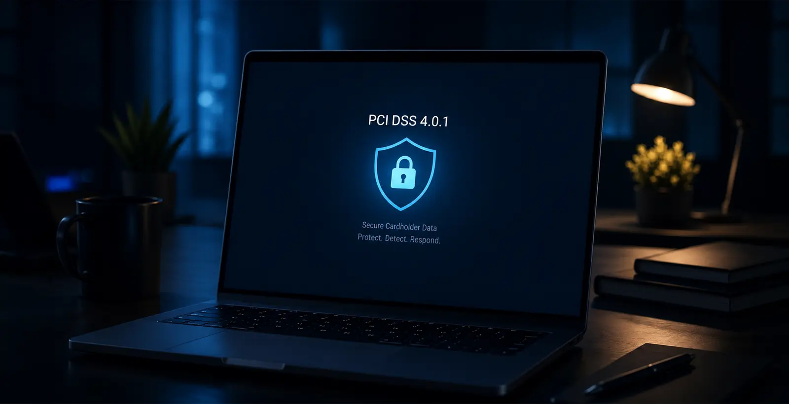 PCI DSS 4.0.1 penetration testing checklist with cybersecurity dashboard and compliance visuals on laptop screen.