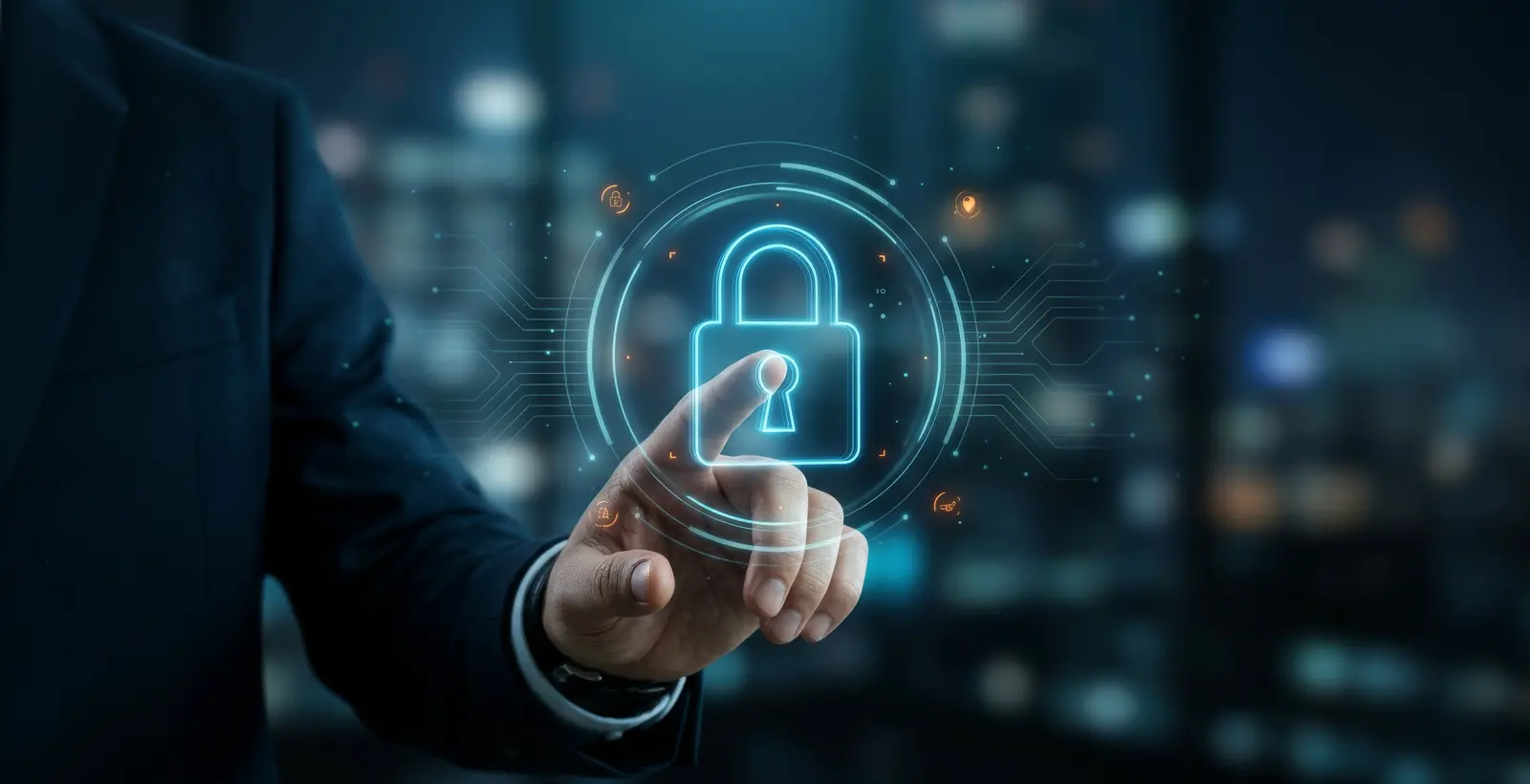 Business professional interacting with a glowing holographic padlock interface representing internal network protection and segmentation penetration testing in a futuristic cybersecurity environment.